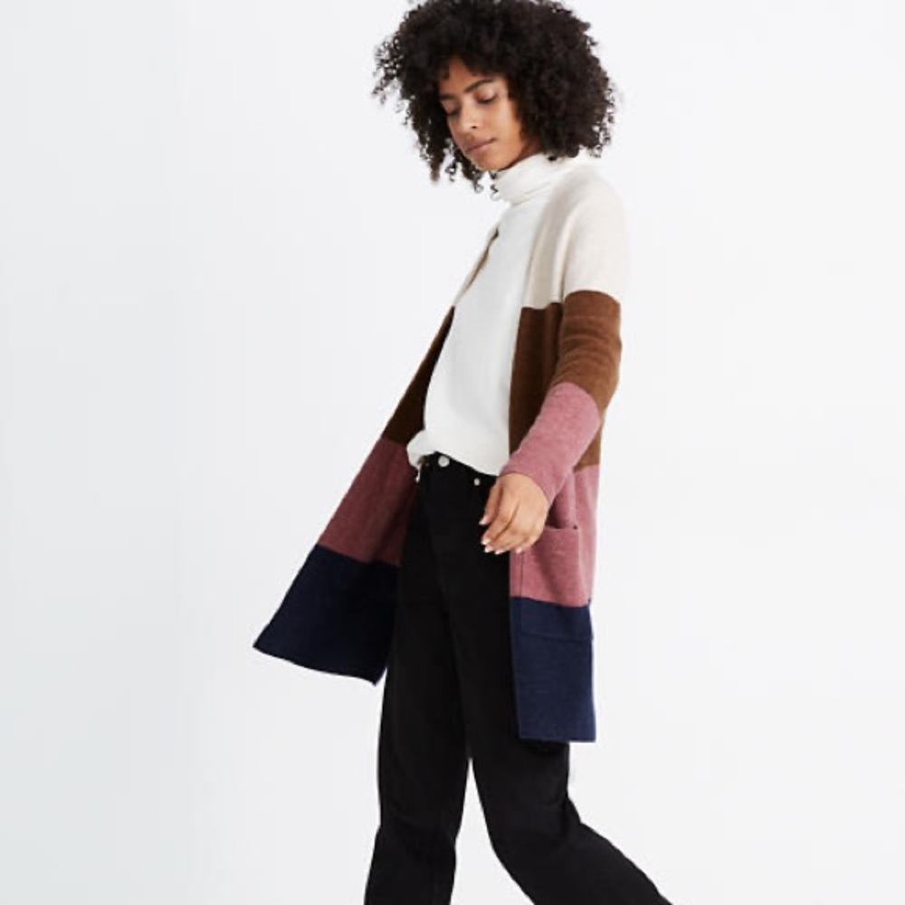 Madewell Women's Long Sleeve Open Front Cardigan Sweater Knit Striped Brown SZ L